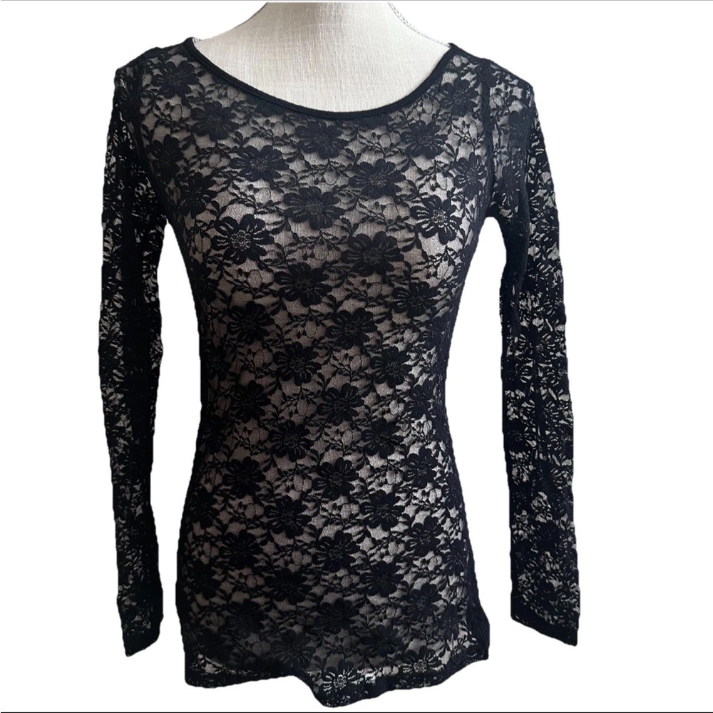 Black Lace Top Sheer Long Sleeve Fitted Cut Out Back Size Small